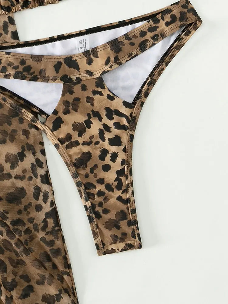 AMEHE 3-Piece Leopard Print Bikini with Mesh Beach Skirt
