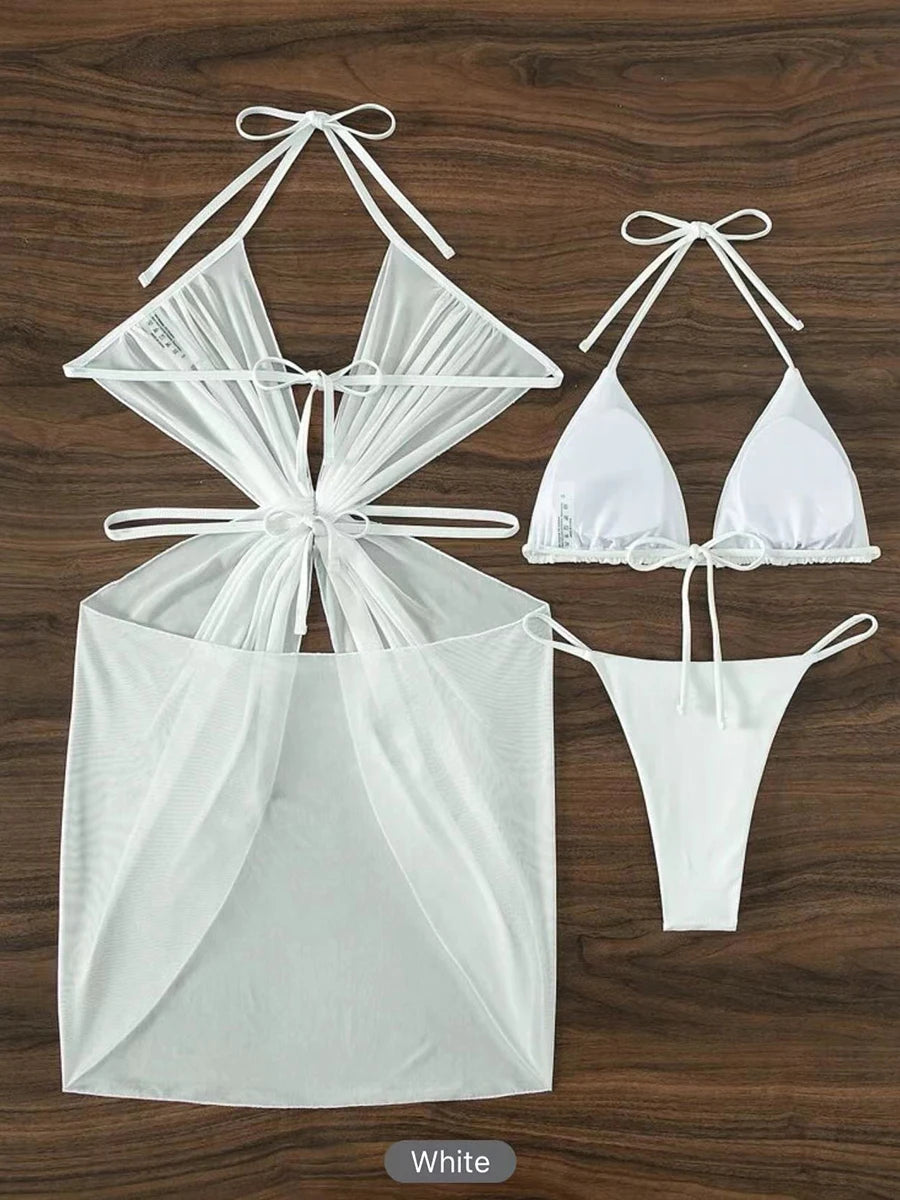 AMEHE 3-Piece Halter String Bikini Set with Cover-Up