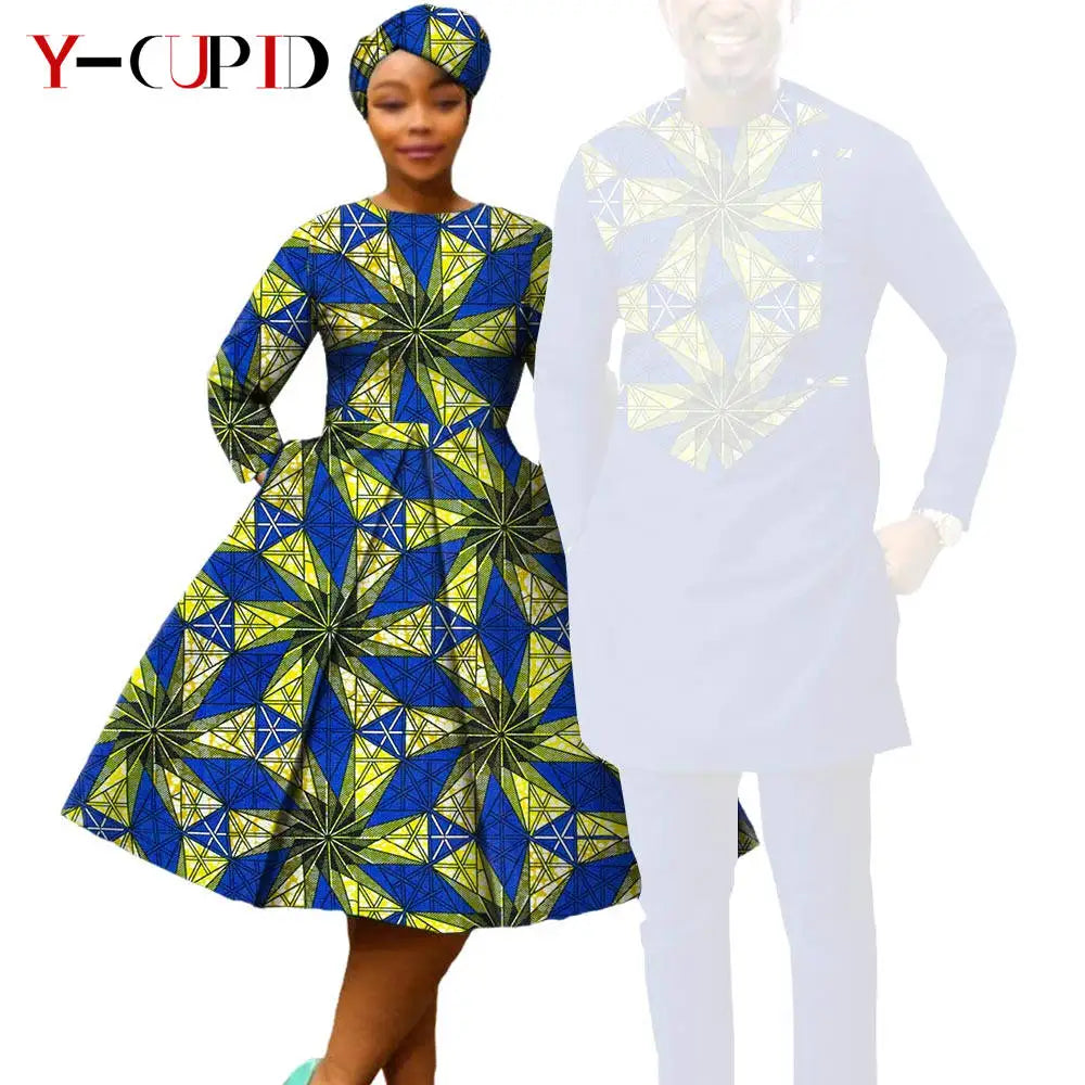 African Matching Couple Outfits | Dress, Headwrap & Men’s Dashiki Set