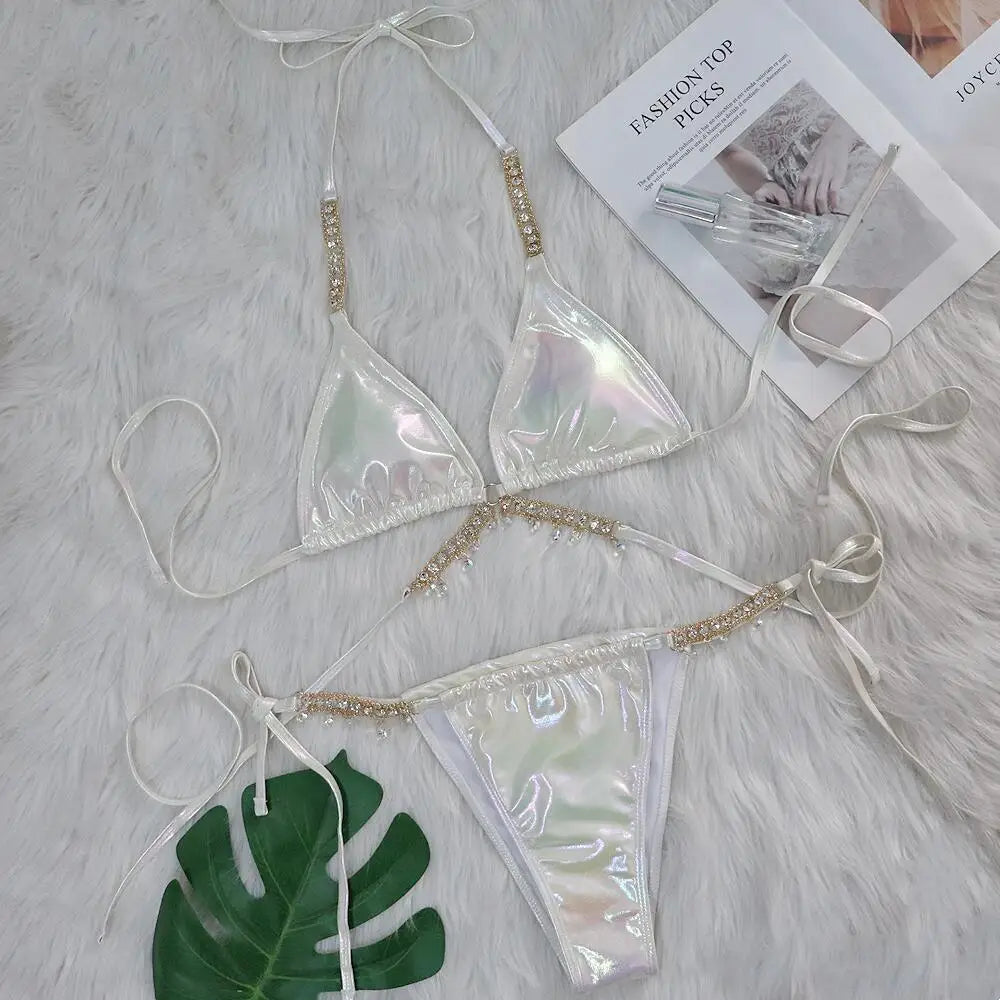 AMEHE Luxury Rhinestone Crystal Two-Piece Thong Bikini Swimsuit