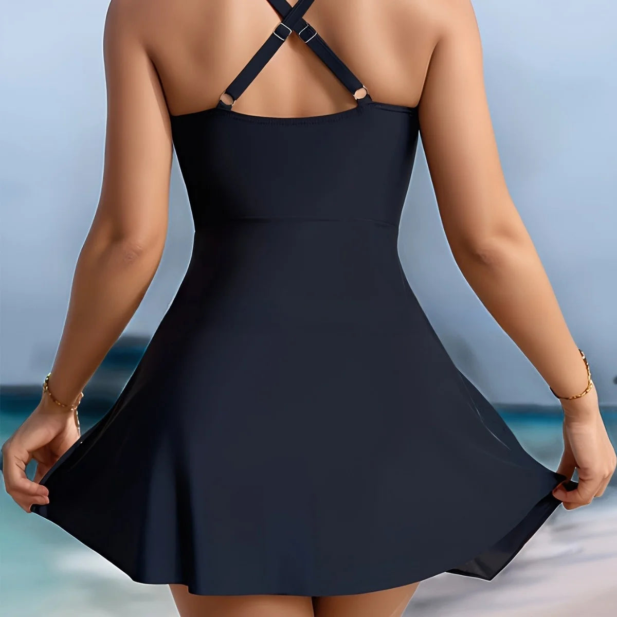 AMEHE Solid Color Cross-Back Waist-Cinched One-Piece Swimsuit Dress