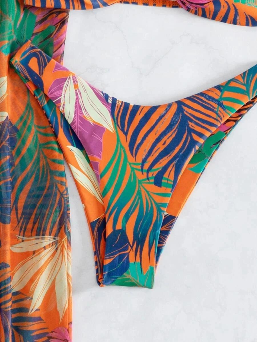 AMEHE 3-Piece Strappy Printed Bikini Set with Beach Pants
