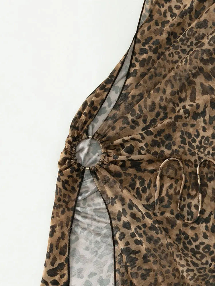 AMEHE 3-Piece Leopard Print Bikini with Mesh Beach Skirt
