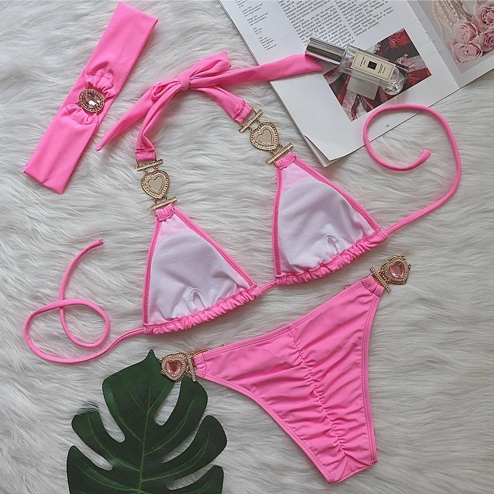 AMEHE Luxury Rhinestone Crystal Two-Piece Thong Bikini Swimsuit