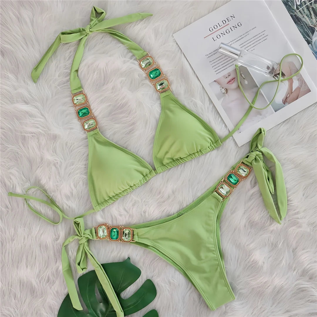 AMEHE Rhinestone Halter Two-Piece Bikini Swimsuit