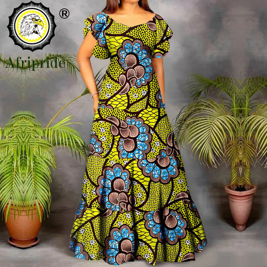 Women’s African Print Maxi Dress – Short Sleeve High Waist Elegant Party & Wedding Attire