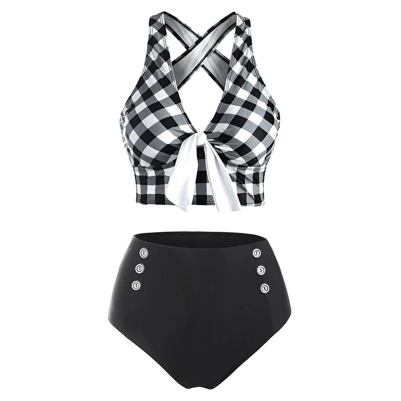 AMEHE Women's Plaid Tummy Control Tankini Swimsuit