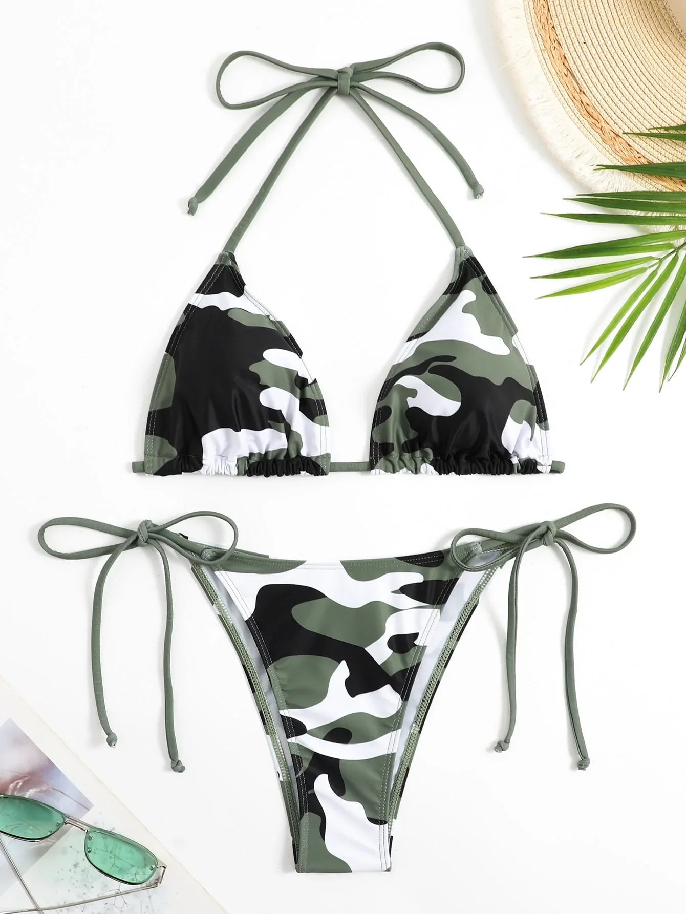 AMEHE Camouflage Print Lace-Up Thong Bikini Set