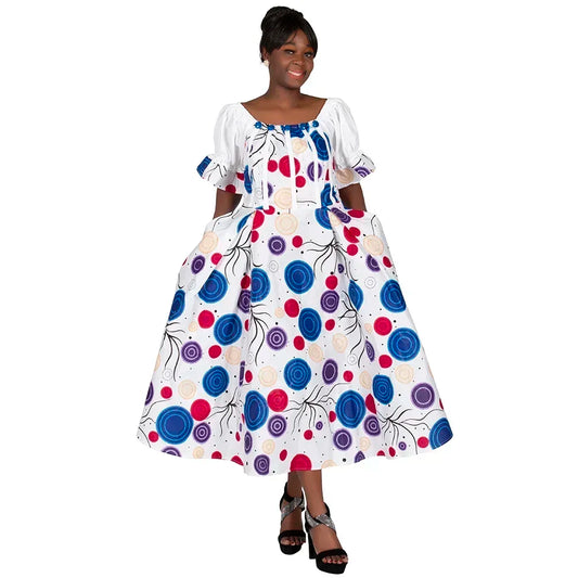 Women’s African Print Puff Sleeve Maxi Dress – High Waist Princess Gown