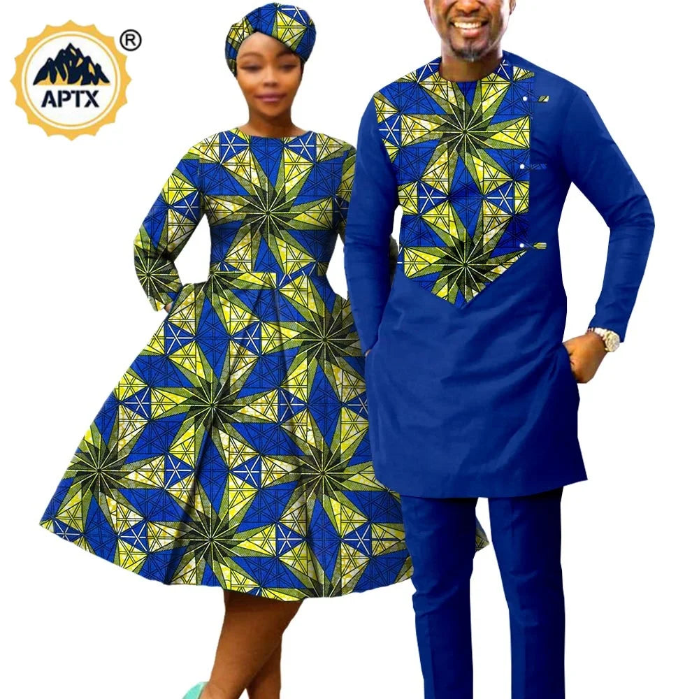African Matching Couple Outfits – Women’s Print Dress & Headwrap with Men’s