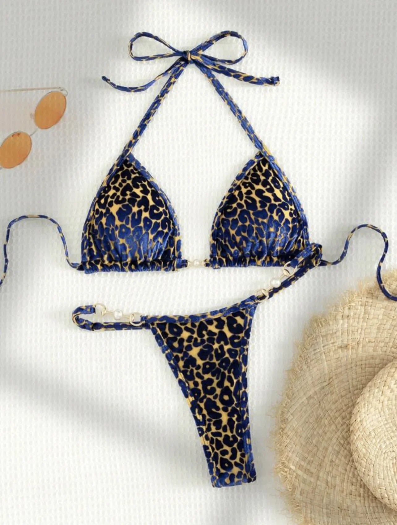 AMEHE Leopard Print Velvet Halter Two-Piece Bikini Swimsuit