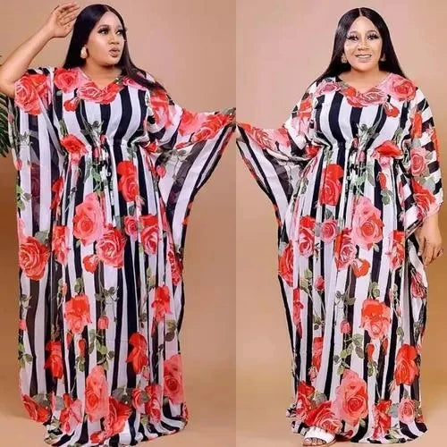 Women’s African Floral & Stripe Kaftan Maxi Dress – V-Neck Long Sleeve Boubou-Inspired Gown