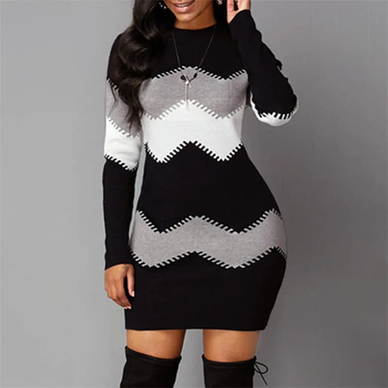 AMEHE Women's Rib Knit Patchwork Turtleneck Mini Sweater Dress