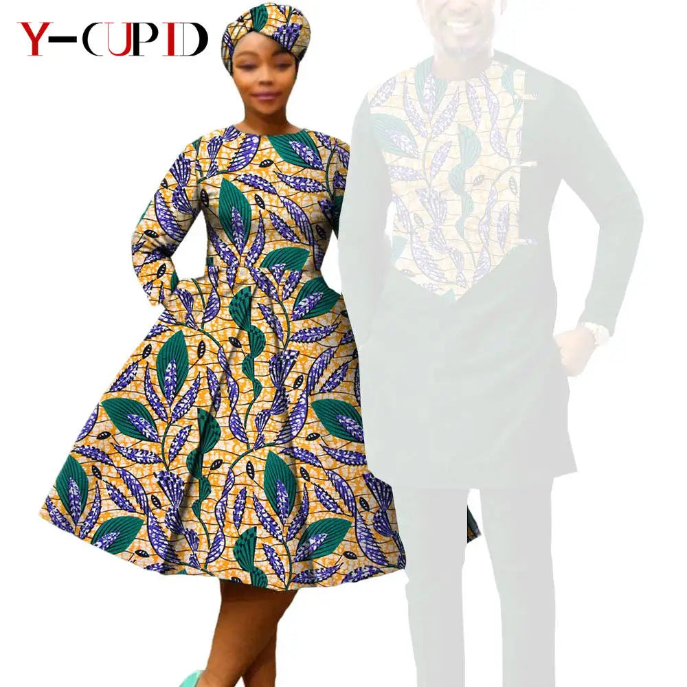 African Matching Couple Outfits | Dress, Headwrap & Men’s Dashiki Set