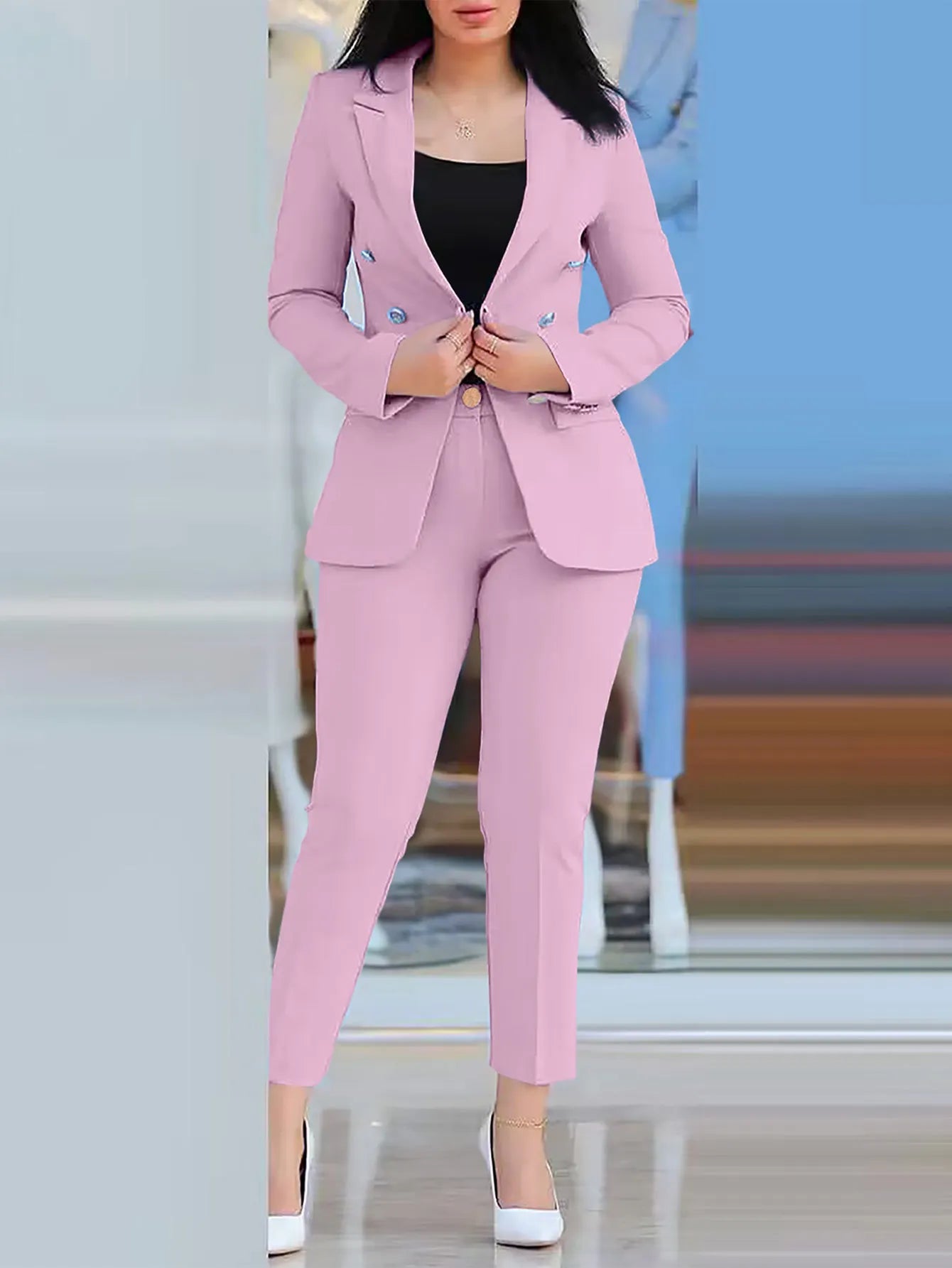 AMEHE Women’s Solid Color 2-Piece Suit – Blazer & Trousers