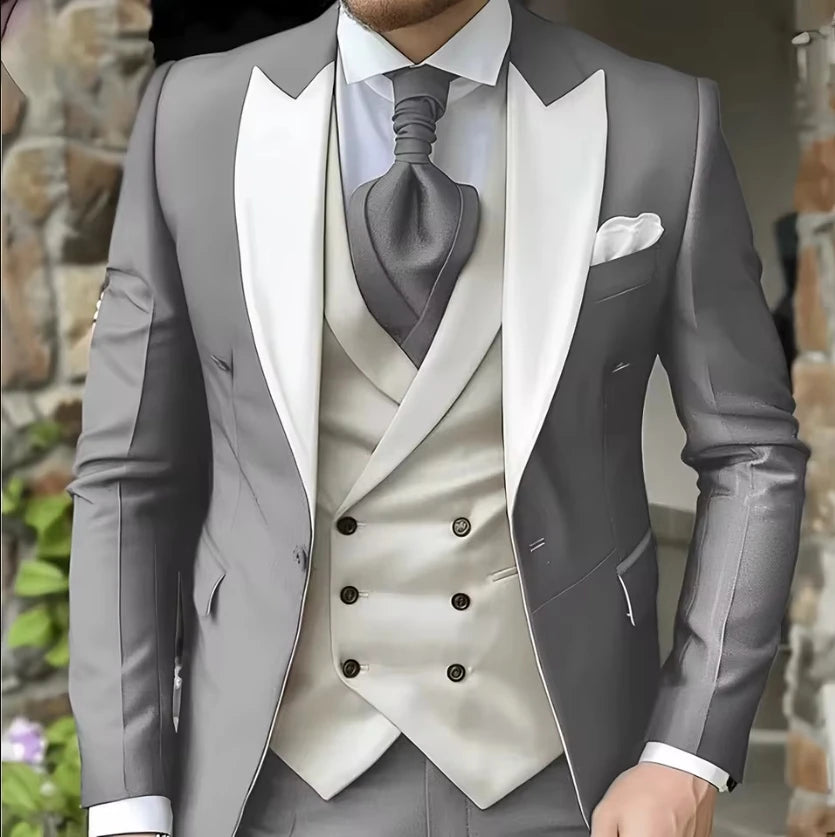 AMEHE Men’s White 3-Piece Tuxedo Suit – Blazer, Vest & Pants