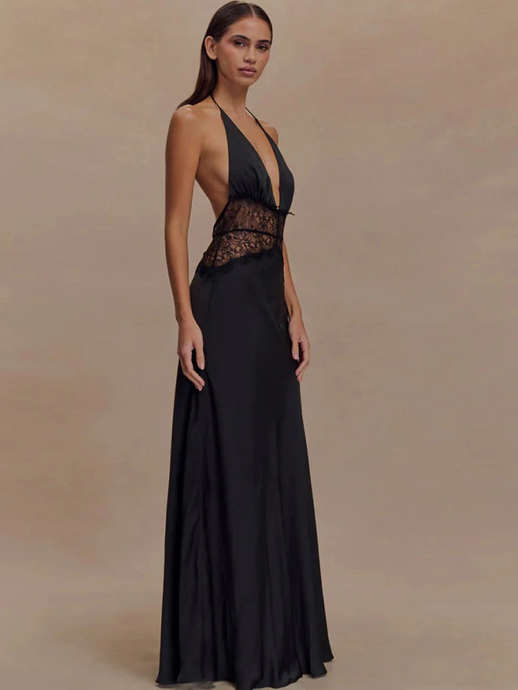 AMEHE Women's Lace Halter Deep V-Neck Backless Maxi Evening Dress