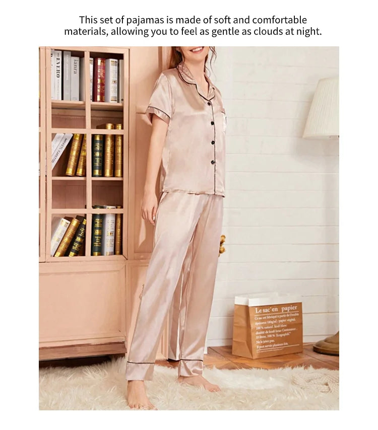 AMEHE Women's Satin Heart Embroidered Button-Up Pajama Lounge Set