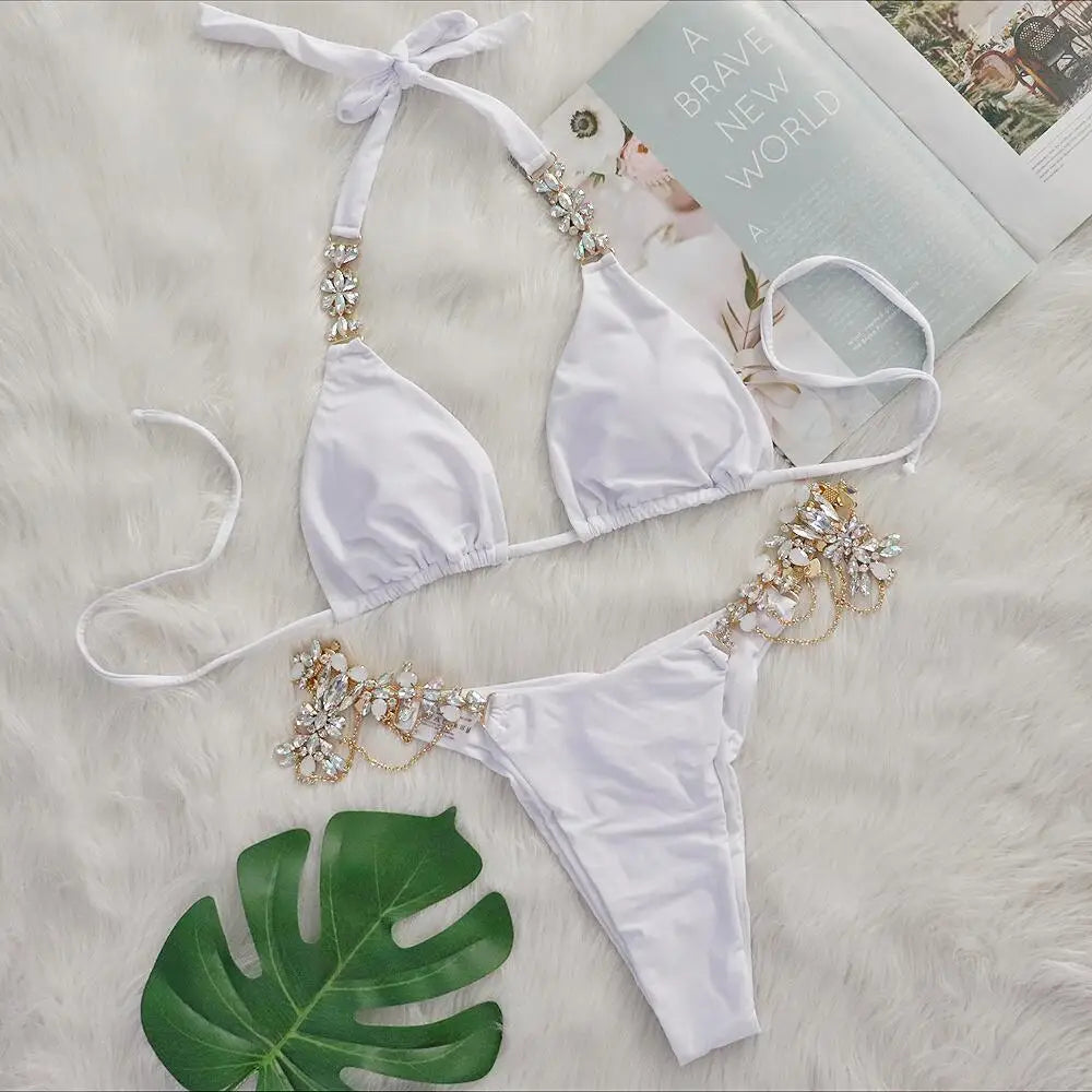 AMEHE Luxury Rhinestone Crystal Two-Piece Thong Bikini Swimsuit