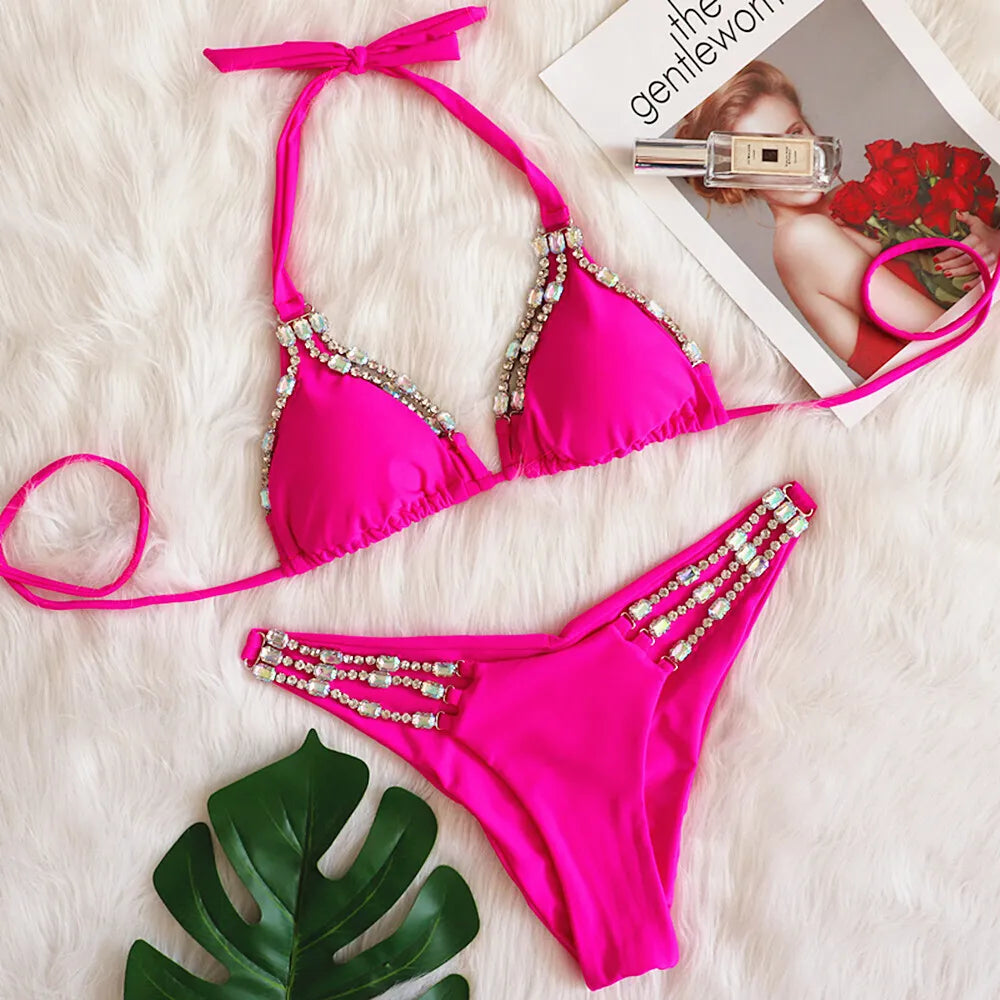 AMEHE Luxury Rhinestone Crystal Two-Piece Thong Bikini Swimsuit