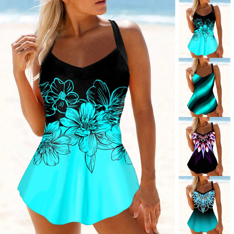 AMEHE Peony Flower Print Two-Piece Tankini Swimsuit (S–6XL)