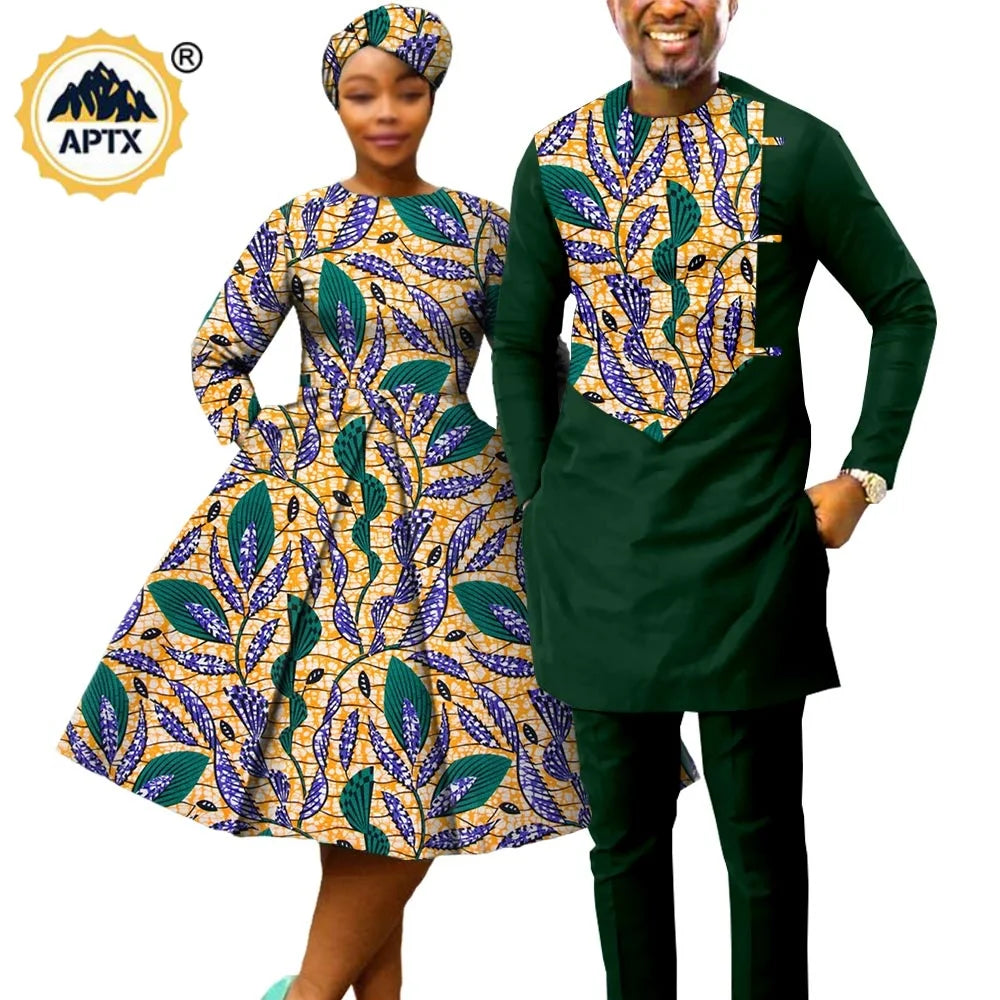 African Matching Couple Outfits – Women’s Print Dress & Headwrap with Men’s