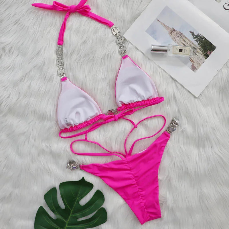AMEHE Luxury Rhinestone Crystal Two-Piece Thong Bikini Swimsuit