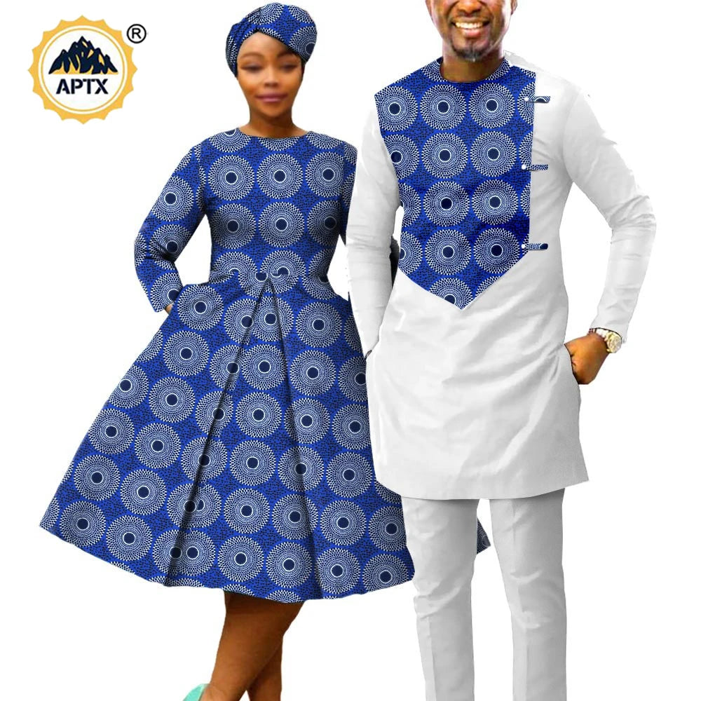 African Matching Couple Outfits – Women’s Print Dress & Headwrap with Men’s