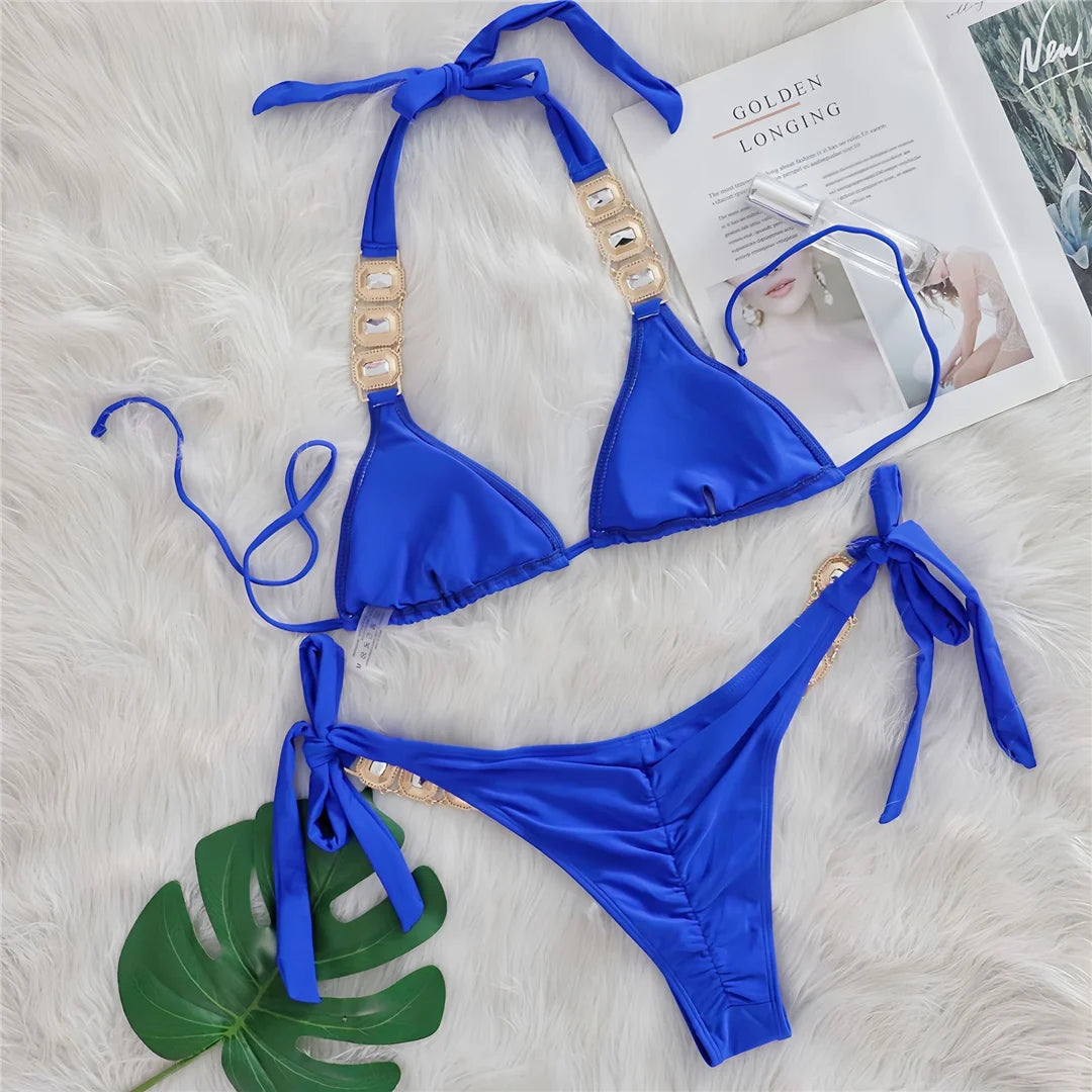 AMEHE Rhinestone Halter Two-Piece Bikini Swimsuit