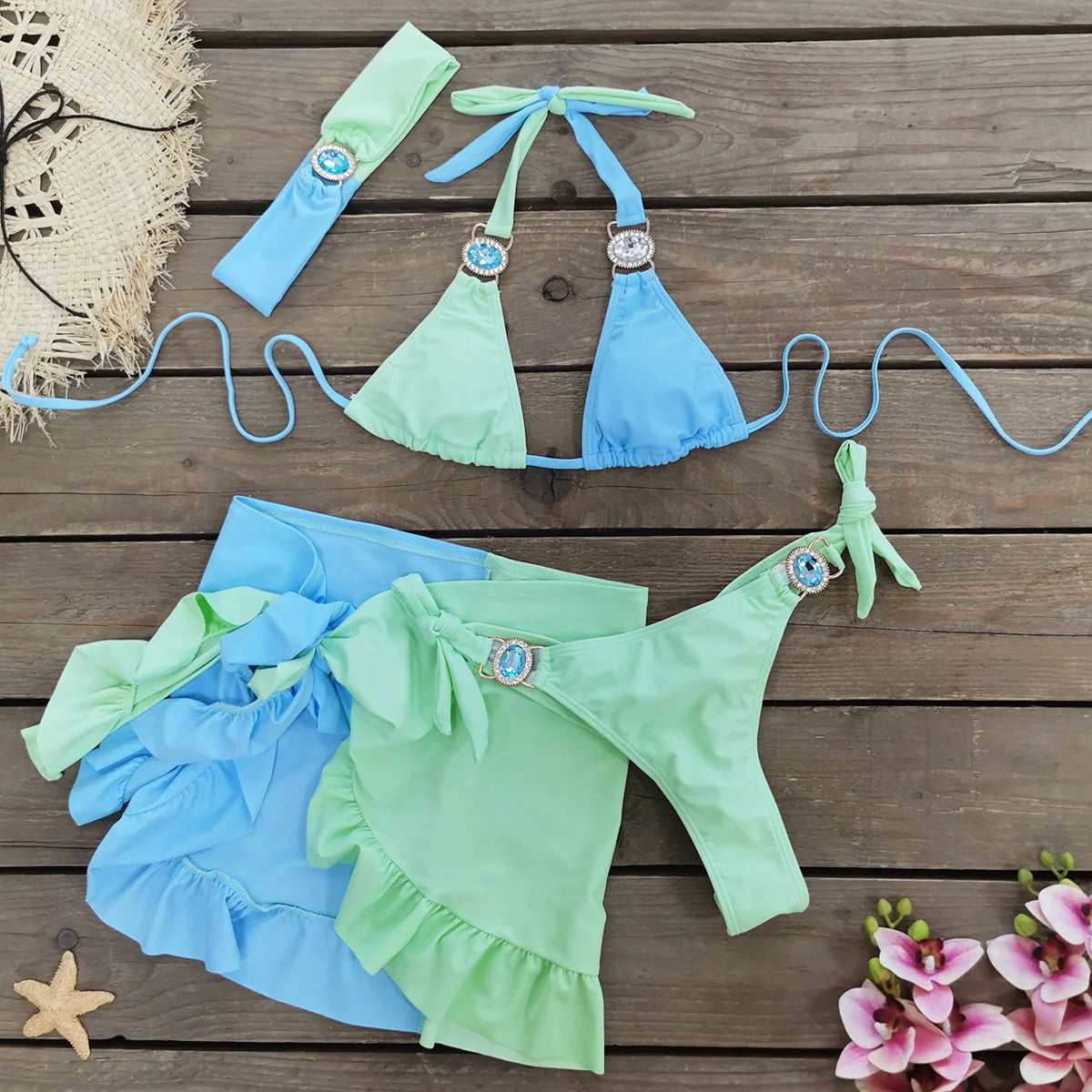 AMEHE Rhinestone Halter Bikini with Beach Skirt – 3-Piece Swimwear Set