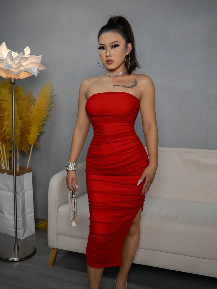 AMEHE Women's Strapless High-Waist Ruched Bodycon Dress with Side Slit