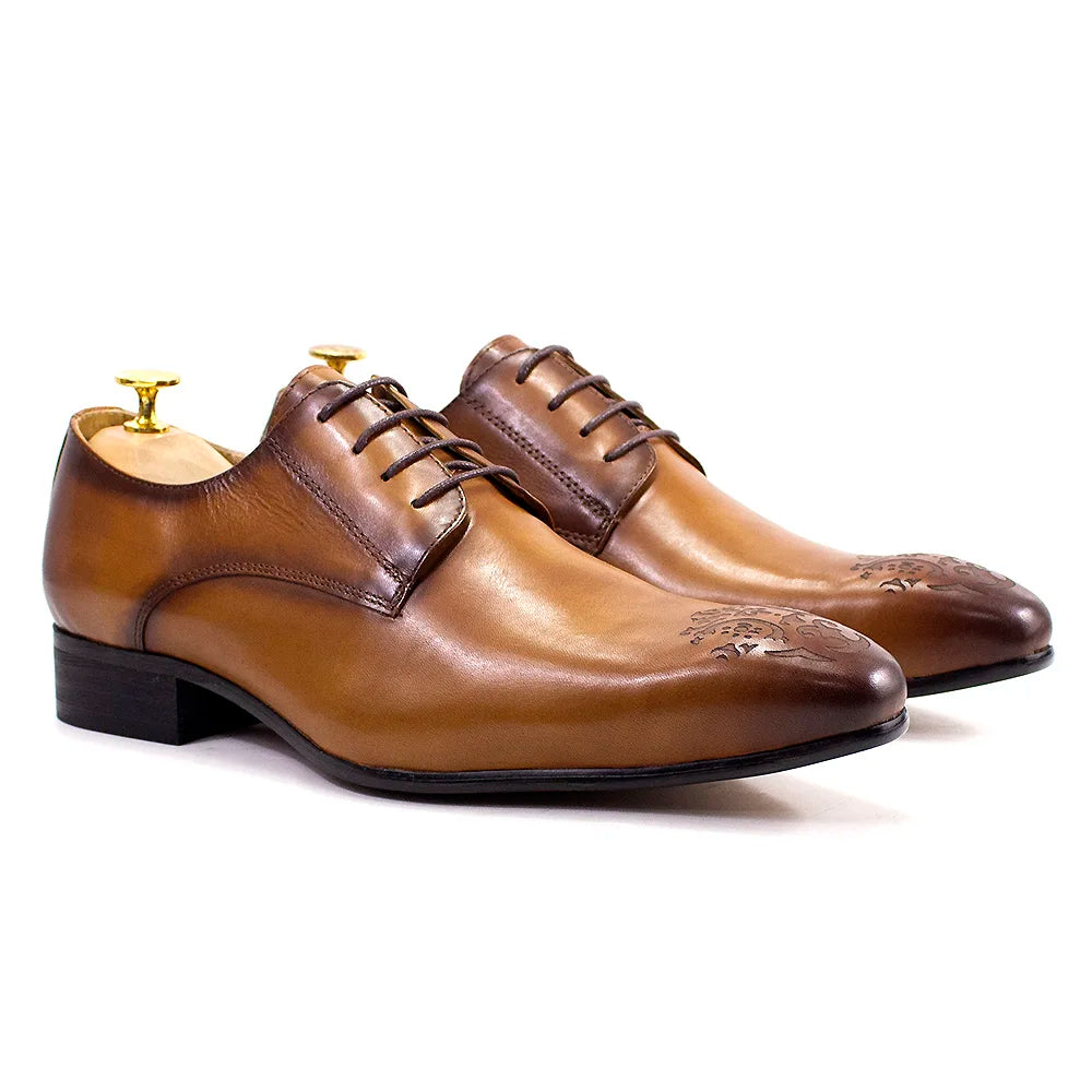 Elegant Men’s Oxford Derby Shoes – Genuine Leather, Pointed Toe