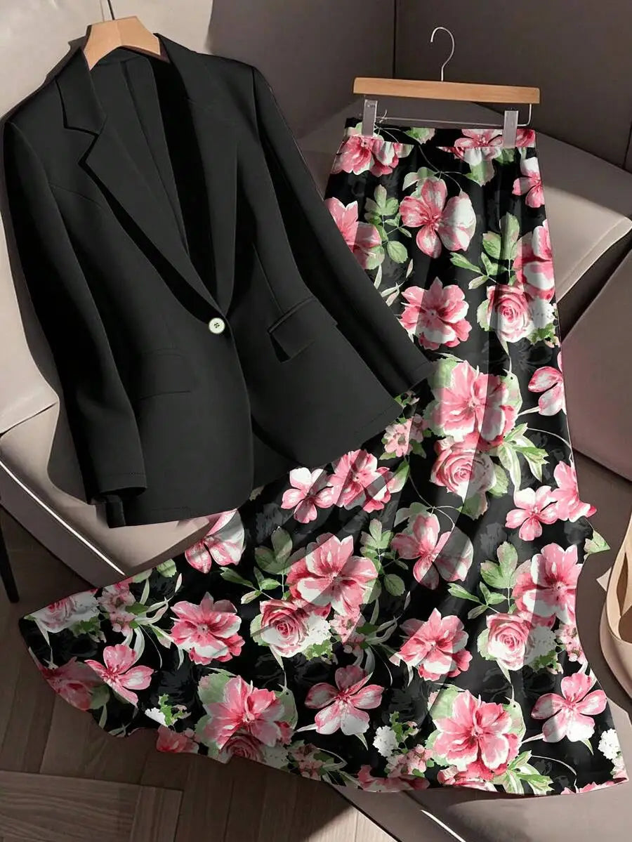 AMEHE Women’s Floral Blazer & A-Line Skirt – 2-Piece Outfit