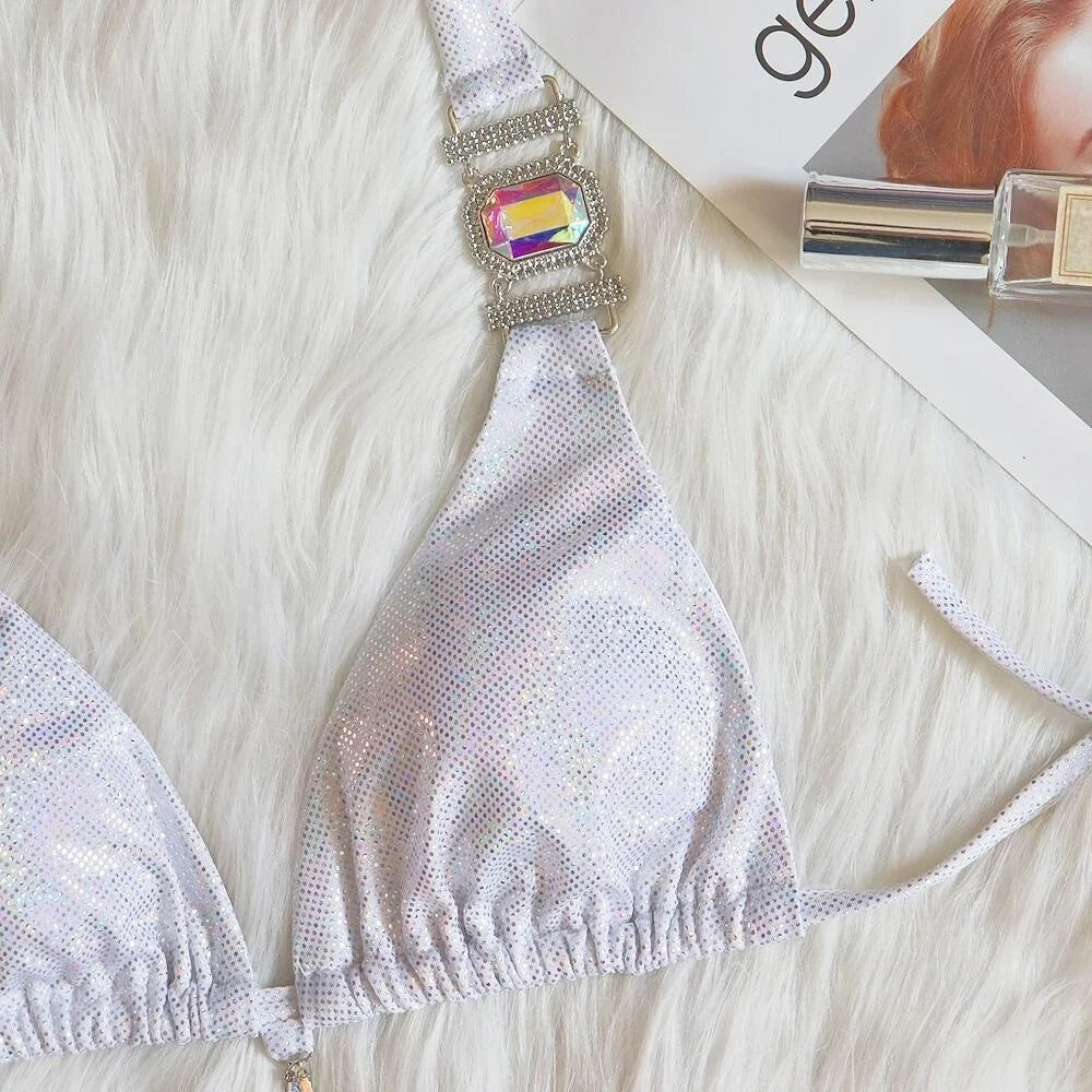 AMEHE Luxury Rhinestone Crystal Two-Piece Thong Bikini Swimsuit