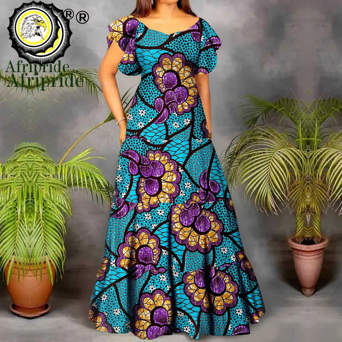 Women’s African Print Maxi Dress – Short Sleeve High Waist Elegant Party & Wedding Attire