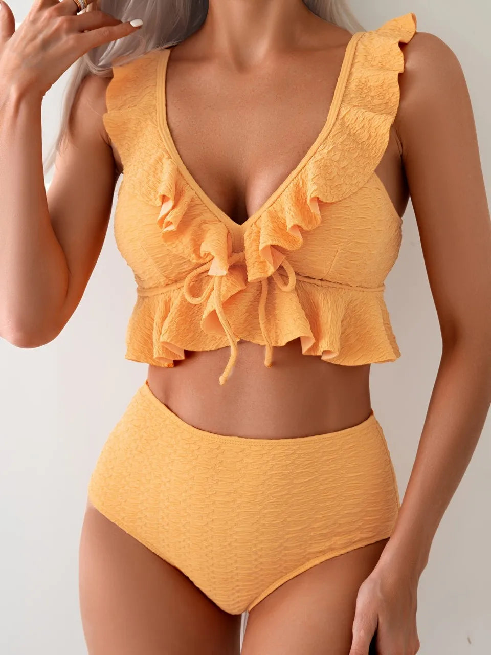 AMEHE Solid Color Strappy Ruffle High-Waist Two-Piece Bikini Swimsuit