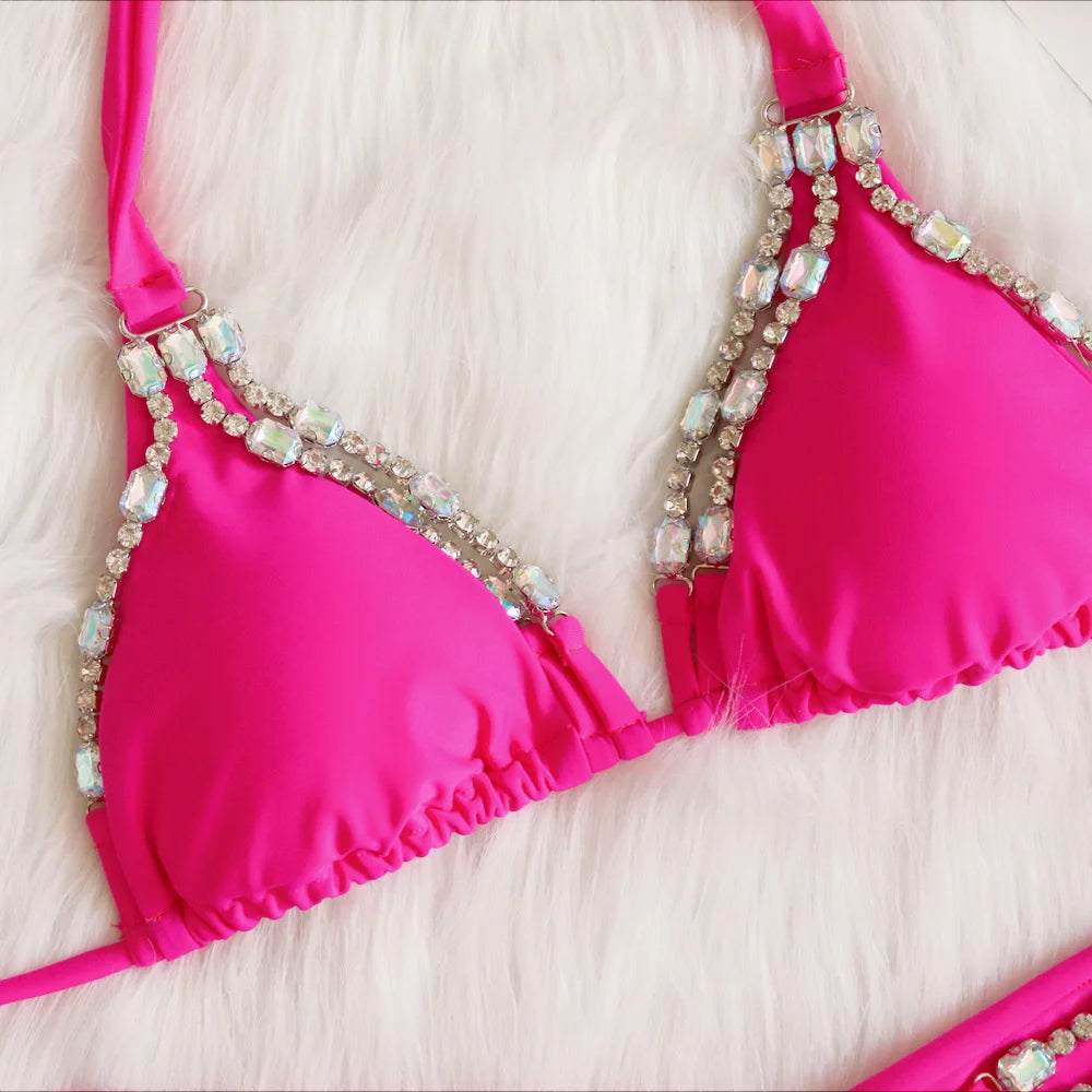 AMEHE Luxury Rhinestone Crystal Two-Piece Thong Bikini Swimsuit