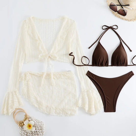 AMEHE 4-Piece Brown Bikini Set with Flared Sleeves and Lace Cover-Up