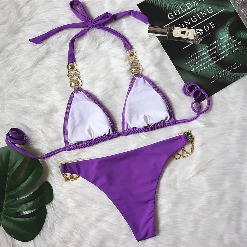 AMEHE Luxury Rhinestone Crystal Two-Piece Thong Bikini Swimsuit