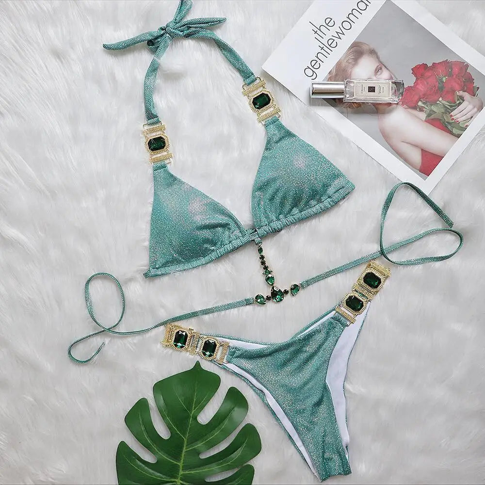 AMEHE Luxury Rhinestone Crystal Two-Piece Thong Bikini Swimsuit