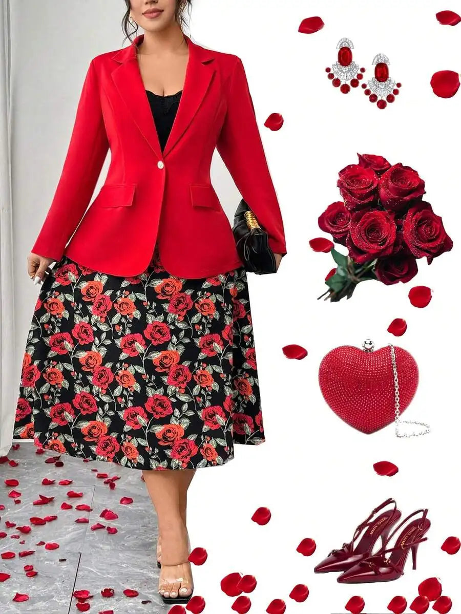 AMEHE Women’s Floral Blazer & A-Line Skirt – 2-Piece Outfit