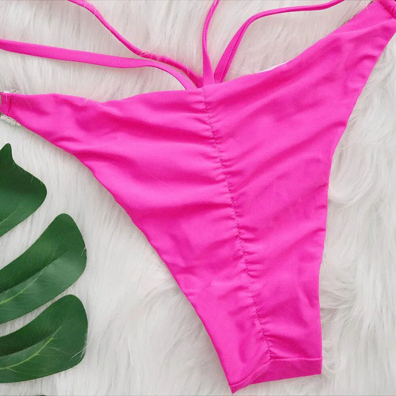 AMEHE Luxury Rhinestone Crystal Two-Piece Thong Bikini Swimsuit