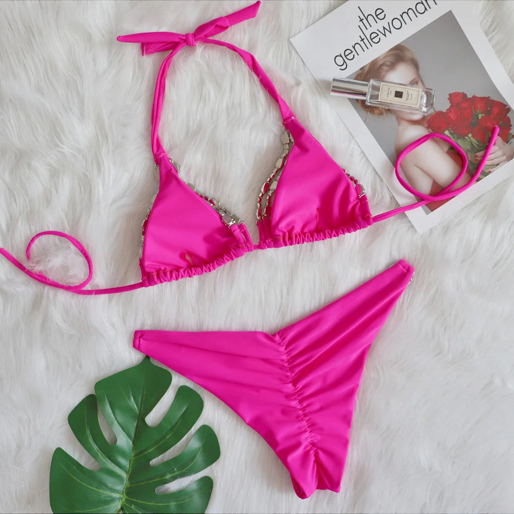 AMEHE Luxury Rhinestone Crystal Two-Piece Thong Bikini Swimsuit