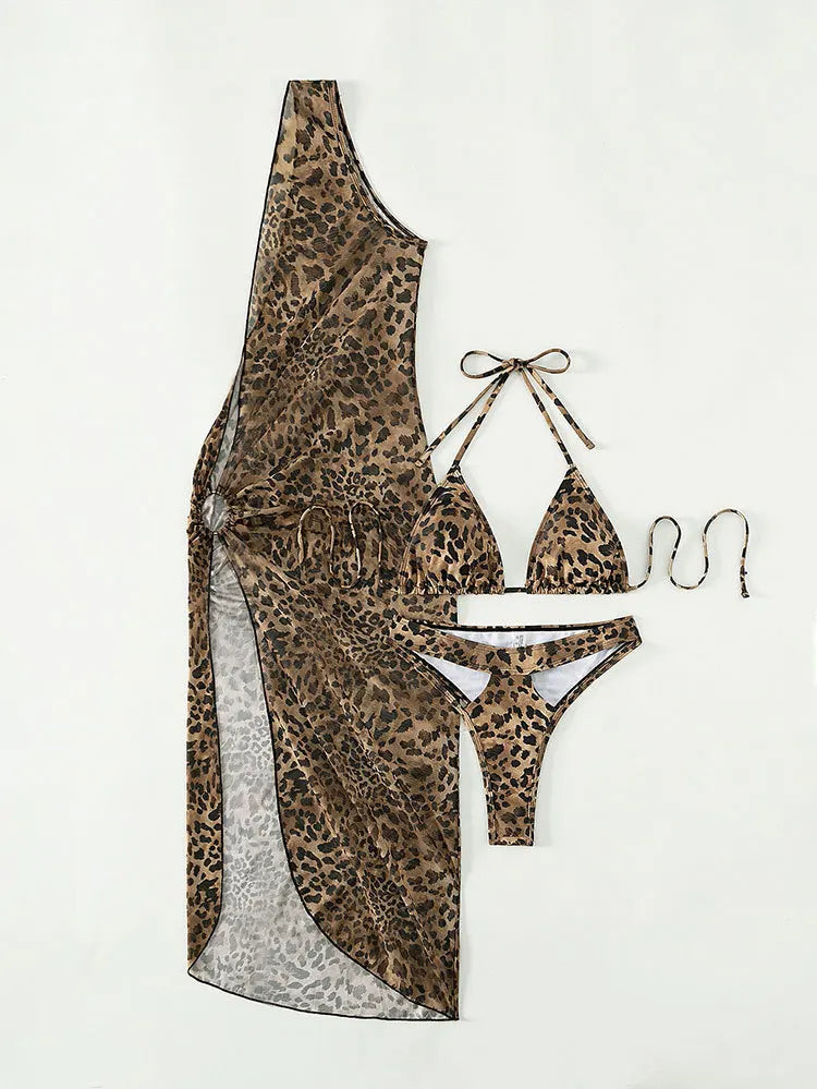 AMEHE 3-Piece Leopard Print Bikini with Mesh Beach Skirt