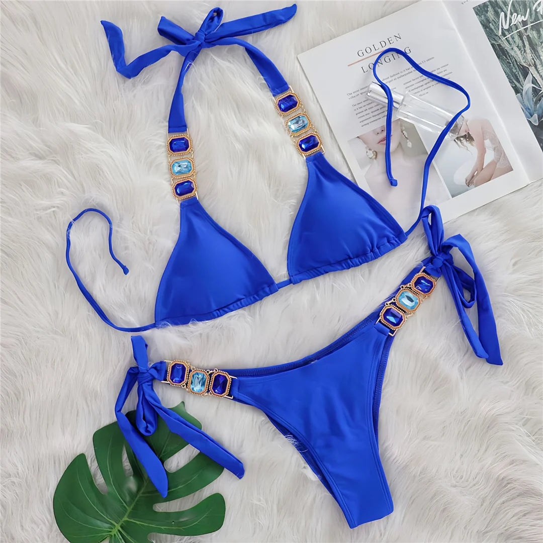 AMEHE Rhinestone Halter Two-Piece Bikini Swimsuit