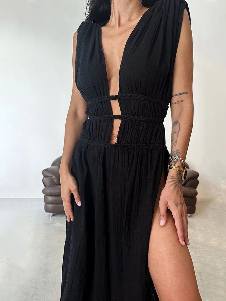 AMEHE Women's V-Neck Beach Maxi Cover-Up Dress with Braided Belt