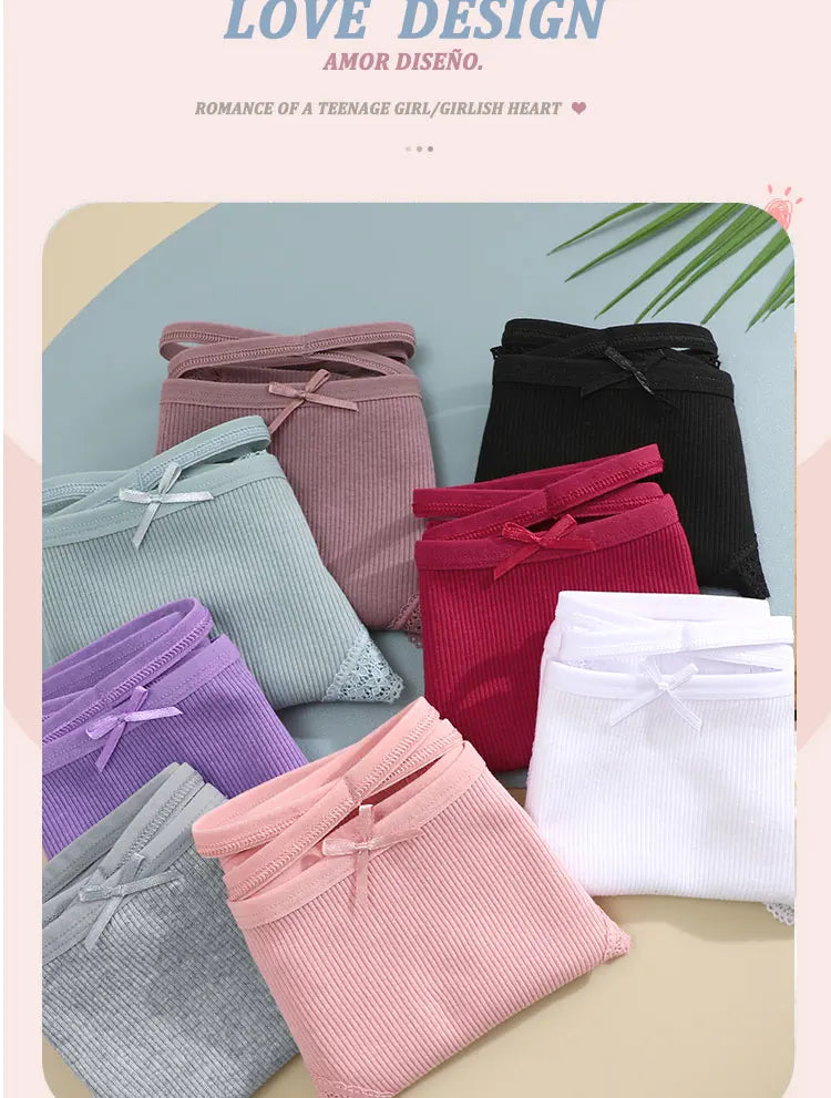 AMEHE Women's Cotton Mid-Waist Brief Panties 3-Pack with Bow Detail