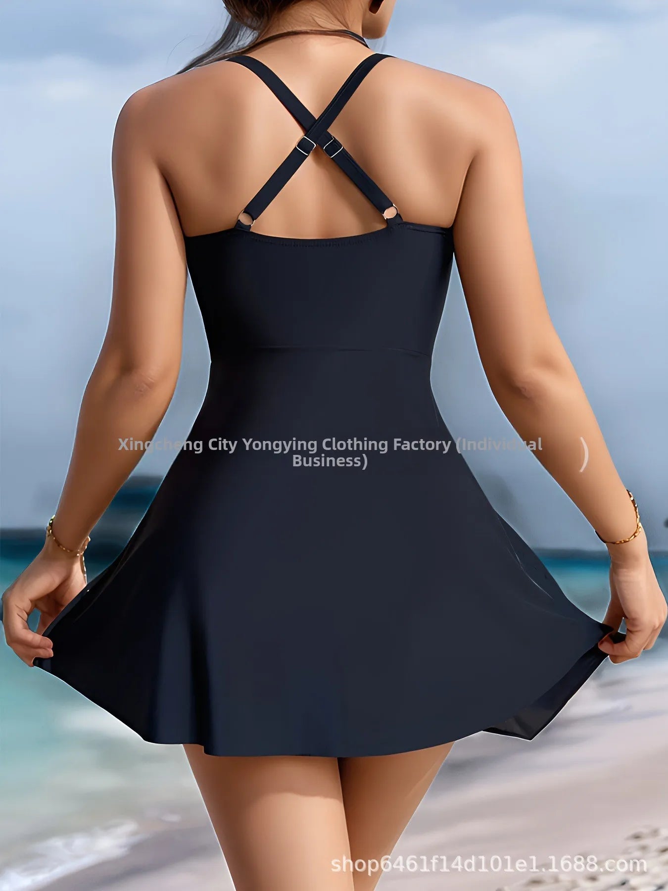 AMEHE Solid Color Cross-Back Waist-Cinched One-Piece Swimsuit Dress