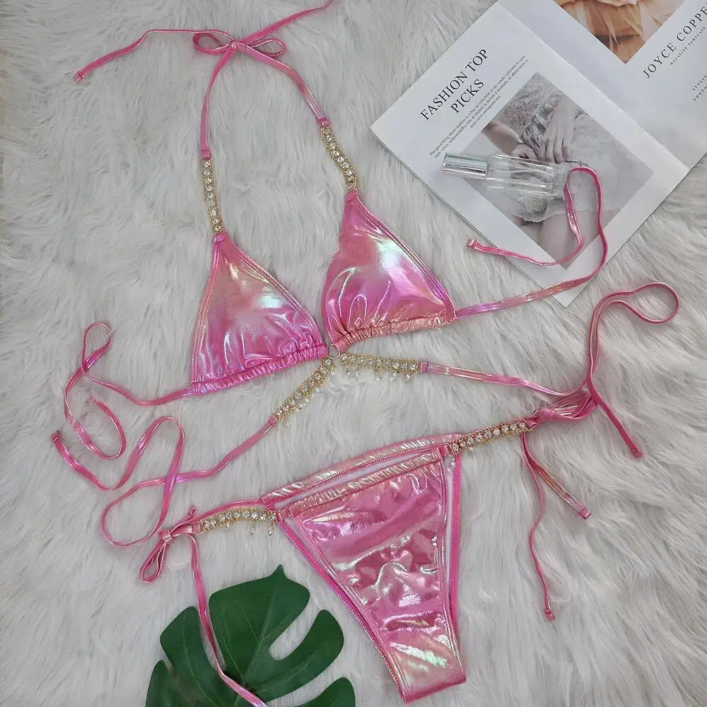 AMEHE Luxury Rhinestone Crystal Two-Piece Thong Bikini Swimsuit