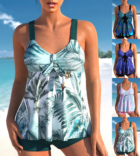 AMEHE Brown Leaf Print Lace-Up Two-Piece Swimsuit